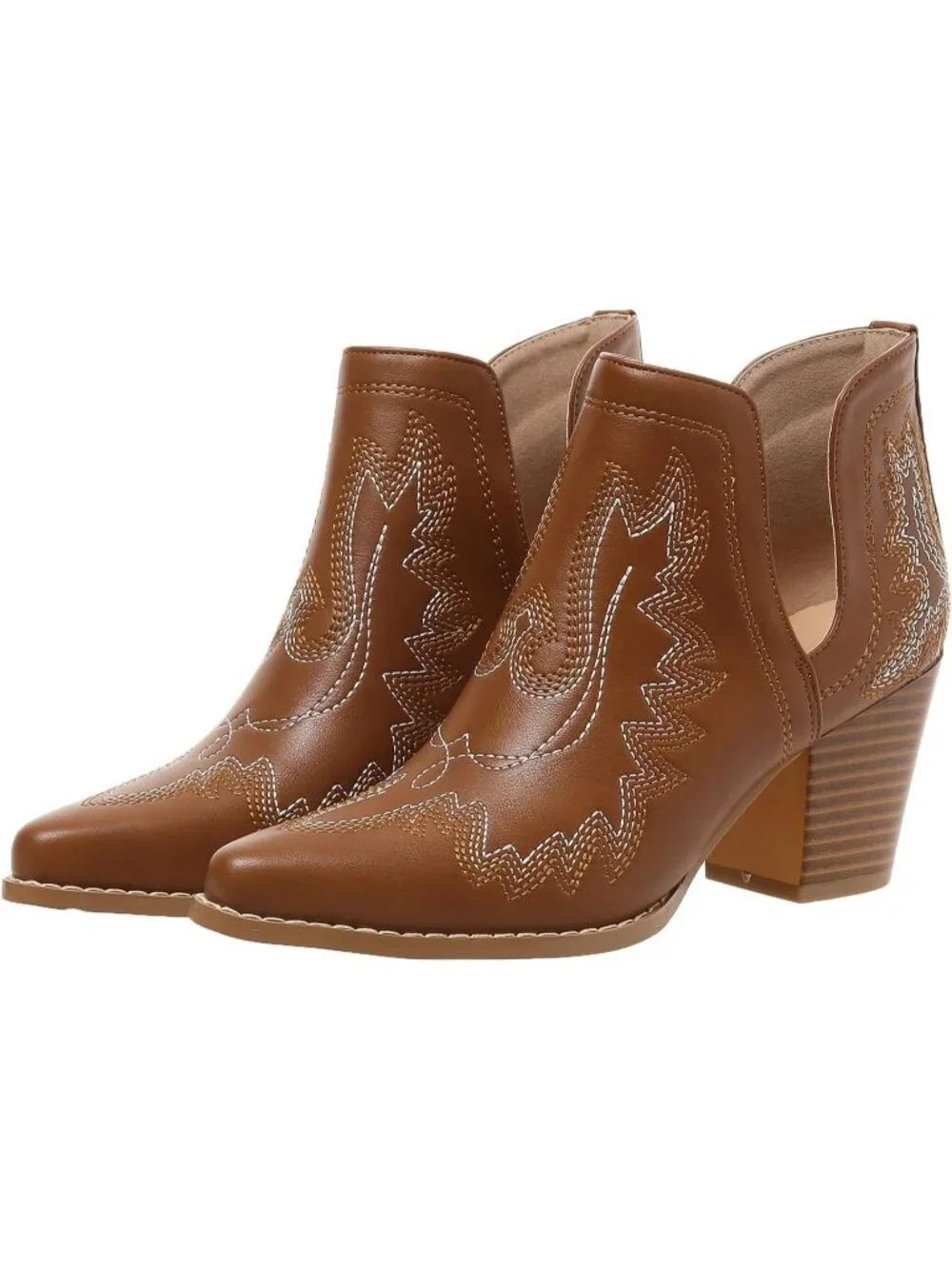 Women's Yellow Brown Leather Cowgirl Ankle Embroidered Cutout Chunky Heel Boots